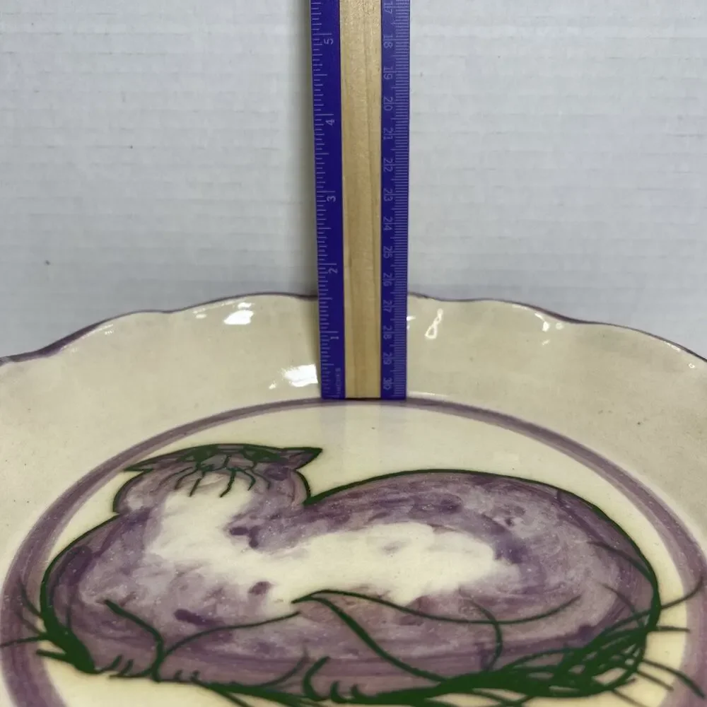Art Pottery Pie Dish Purple Kitty Cat Ruffled Edge Signed Ceramic 10